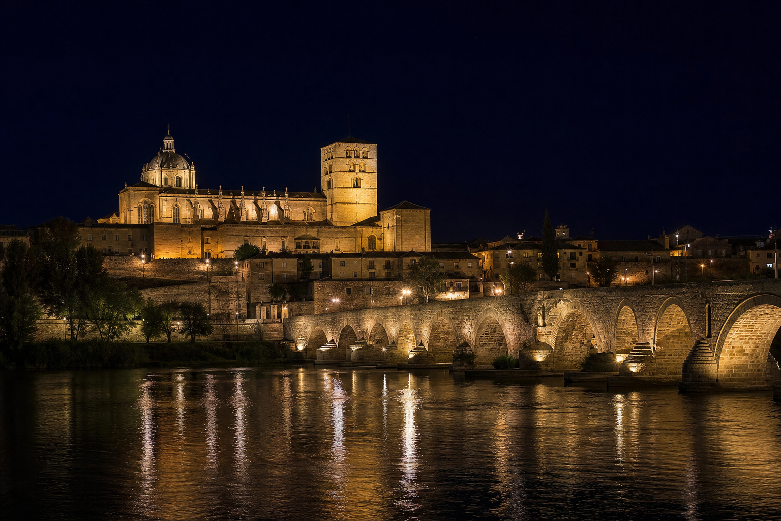 Zamora de noche, catedral y río